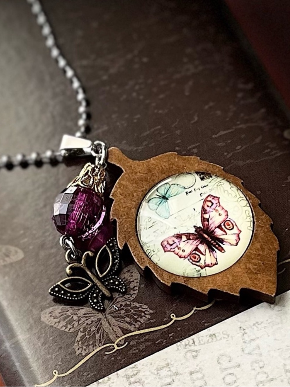 Handcrafted Wooden Leaf Butterfly Necklace Boho Nature Inspired 26” - Picture 7 of 15
